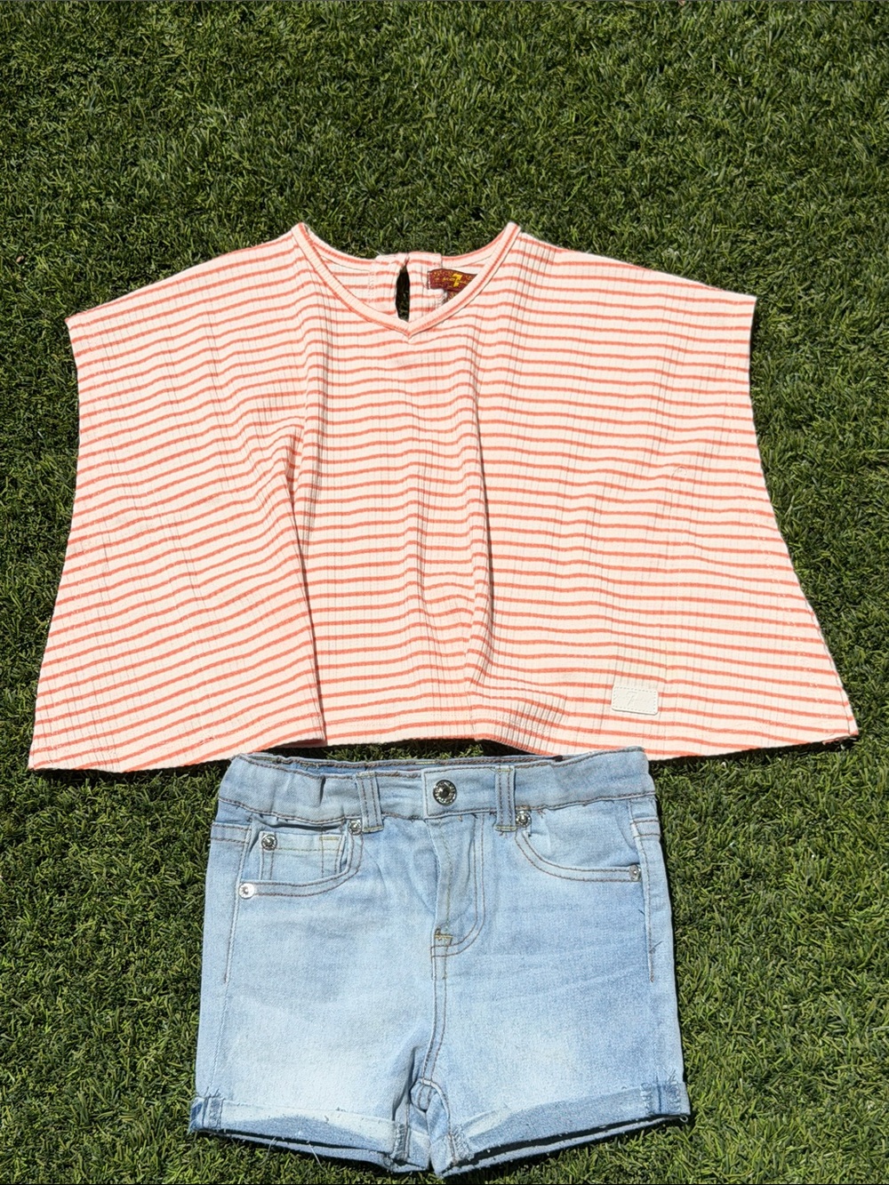7 For All Mankind Coral and White Striped Crop Top with Faded Blue Jean Short